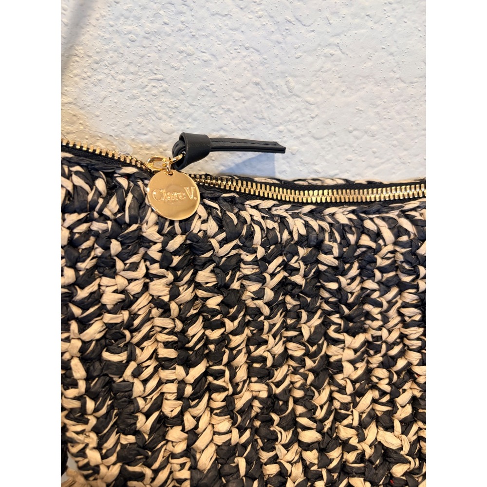 Clare V. Lune Black Cream Raffia Fringe Crescent Shoulder Bag - Picture 5 of 8